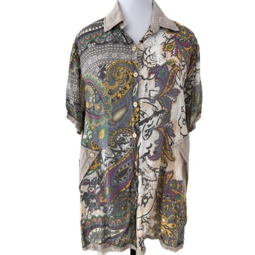 TARA VAO Short Sleeve Button Front Sheer Shirt Casual Lightweight Boho Paisley